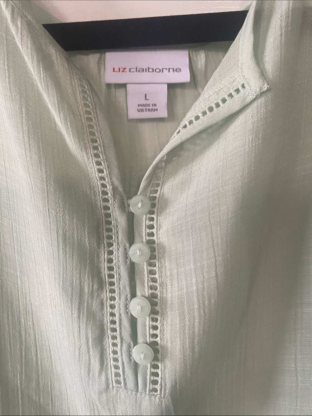 Liz Claiborne Sea Foam Green Sheer Button Front Peasant-Style Blouse Sz Large - Picture 4 of 12